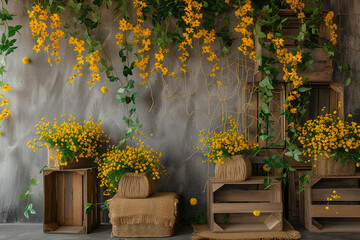 full of yellow flowers in jute baskets, wooden accessories, wooden boxes, brown wooden table against the wall, floral garlands of yellow flowers - obrazy, fototapety, plakaty