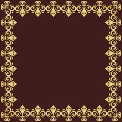 Classic vector vintage square frame with arabesques and orient elements. Abstract brown golden ornament with place for text. Vintage pattern