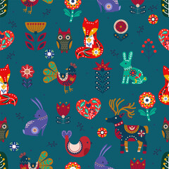Scandinavian seamless pattern, colorful animals, birds, flowers, Scandinavian minimalistic ornament, background for fabric, textile and gift wrapping, illustration, vector.
