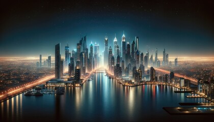 Fototapeta na wymiar Dusk Reflections: A Futuristic City's Twilight