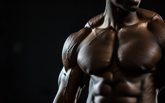 Bodybuilder in a pose on a black background close-up