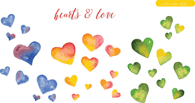 Happy valentine's day set of hand drawn colorful watercolor red, blue, green, violet hearts.