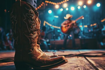 Country music festival live event featuring cowboys in a barn setting - obrazy, fototapety, plakaty