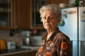 grandmother standing in the kitchen, looking at the camera - obrazy, fototapety, plakaty