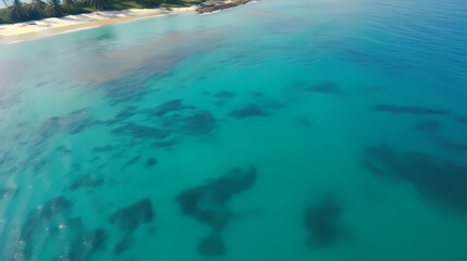 Sandy beach with light blue transparent water waves and sunlight, tranquil aerial beach scene