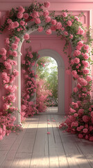 Fototapeta premium Pink background, clean white booth model, pink roses on all sides, minimalist stage design, romantic main body, light red and light pink