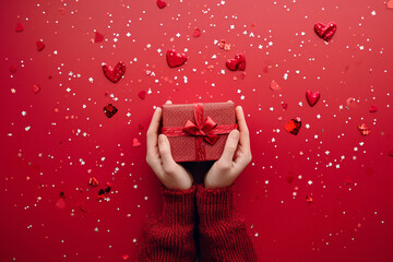 Close up female hands hold a red gift with a red ribbon on a red background among heart-shaped confetti. Valentine's day, romance, love, anniversary concept - obrazy, fototapety, plakaty