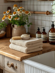 Fototapeta na wymiar Towels with herbal bags in spa center
