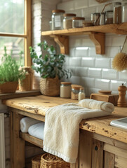 towel shelf on the wall of a stylish kitchen, close-up