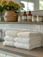 Towels with herbal bags in spa center