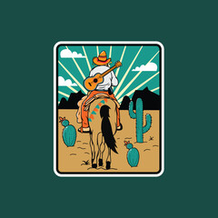 Vector illustration of a person riding a horse in the desert with cactus trees around. Images for t-shirts, cards and posters.