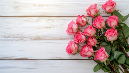 Naklejka na ściany i meble womens day background, bundle of rose flowers in the white wooden background