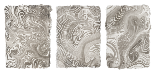 authentic original suminagashi sumi ink marbling on handmade paper cards, traditional Japanese marbled paper cards with deckled edges, set of three, isolated backgrounds, texture and patterns, PNG