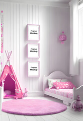 interior of a bedroom with a pink and white bed with frame mockup, 3d render