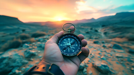A hand holding a compass pointing north in a desert