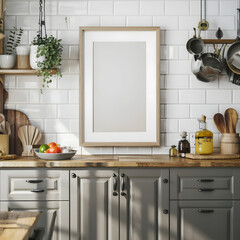 kitchen interior empty white frame mockup style. 3d render 3d visualization

