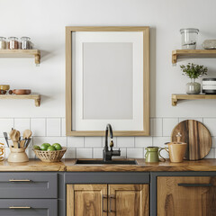 kitchen interior with utensils, modern kitchen with Frame Mockup interior, 3d render