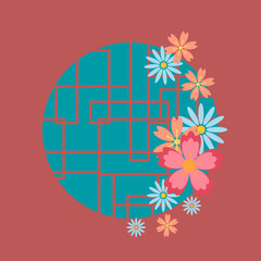 Traditionaly historical asian window. Abstract Chinese window with flowers.