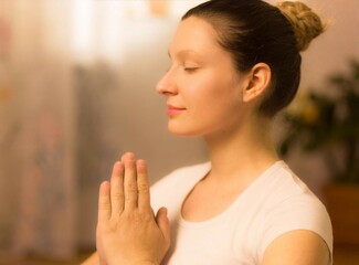Caucasian woman doing yoga at home