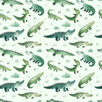 Watercolor seamless pattern with cute cartoon crocodiles.