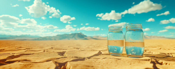 Water bottle rests on sandy beach, under clear blue sky, portraying a refreshing scene in a tranquil setting