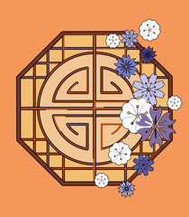 Traditionaly historical asian window. Abstract Chinese window with flowers.