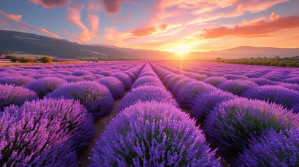 Panoramic view of lavender field at sunset