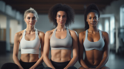 Group of three beautiful healthy and fit multiracial women looking at the camera after a training