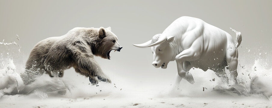 Bull and bear fighting, concept of stock market exchange or financial technology, Generative AI
