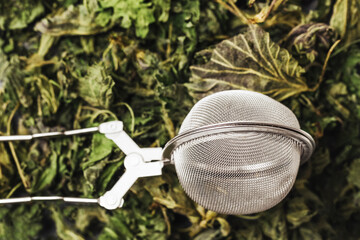 Tea infuser background. Dry nettle herb leaves. Healthy lifestyle background. Drinking herbs alternative medicine. Antioxodant home garden organic leaf. Green leaf plant.