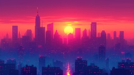 Fototapeta premium Illustration of a Сityscape at dusk, featuring illuminated office buildings and a skyline that exudes professionalism and business sophistication. 