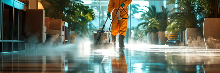 housekeepers of a cleaning company using advanced cleaning technologies to ensure a hygienic and disinfected environment. Generative AI