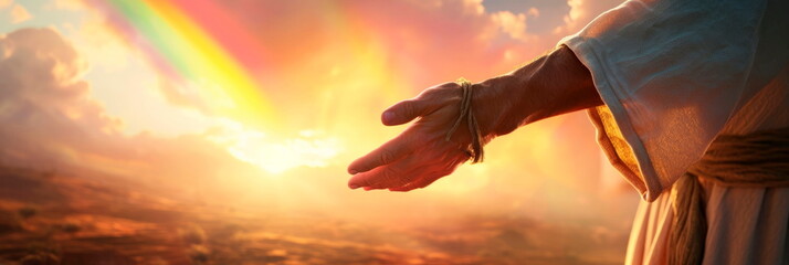 Jesus extending a helping hand to humanity in difficult times, symbolizing salvation and hope. Generative AI
