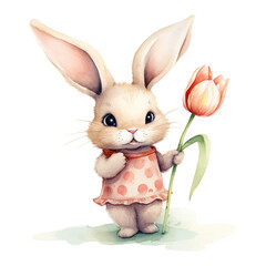 Cute watercolor rabbit. Easter bunny. Springtime design with bunny and tulip. Greeting card, poster.
