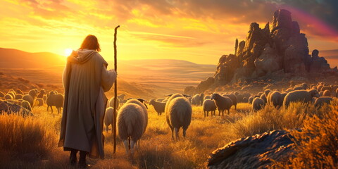 Jesus as the shepherd leading humanity to safety and salvation. Generative AI