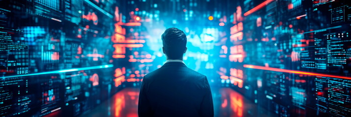 cybersecurity specialist analyzing digital threats on a virtual screen against the backdrop of a secure and efficient business environment . Generative AI