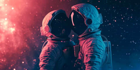 two astronauts in love against the background of outer space, Generative AI