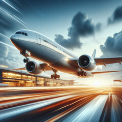 Airplane taking off from Airport runway, Commercial plane and Travel concept, Aircraft with motion, jet, Passenger airplane ready for flight. airliner, Aviation and Travel Concept.