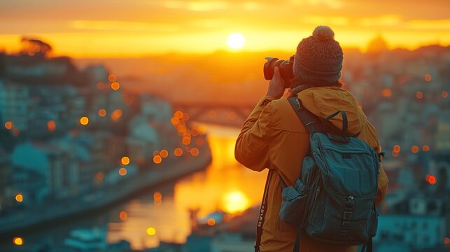 Photographer takes photos of city before sunset. AI