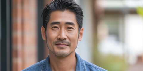 Confident middle-aged Asian man smiling subtly, urban blurred background conveys a relaxed city life
