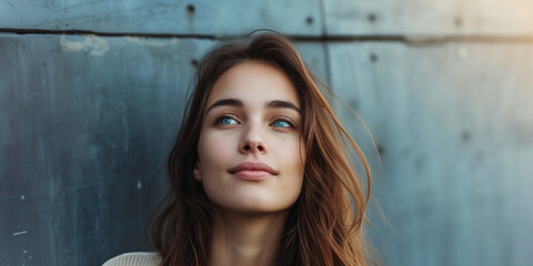 Fototapeta premium Young woman with hopeful eyes looking skyward, a weathered metal wall behind her
