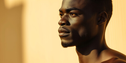 Young African American man with a strong profile, golden hour light accentuates his sharp features