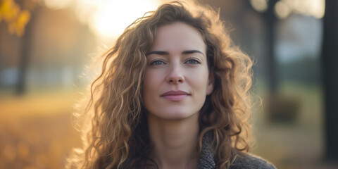 Serene young woman with curly hair basked in the warm light of a setting sun in a park