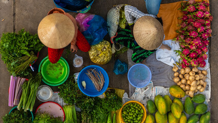 Aerial view of busy local daily life of the morning local market in Vi Thanh or Chom Hom market, Vietnam