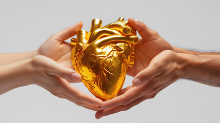 Female and male hands sending love with hearts of gold wtih two hands, isolated on white background.