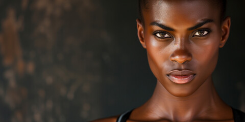 Powerful portrait of a Black female, her glowing complexion contrasts with the moody backdrop