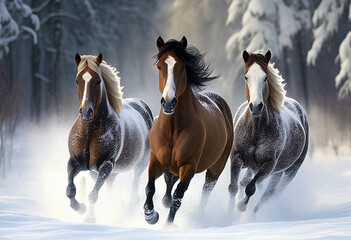 Horses running through the winter woods. AI Generated