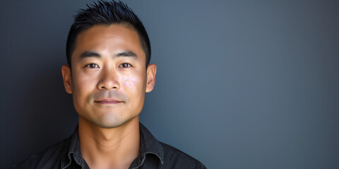 A portrait of an Asian male with a scarred face, wearing a casual black shirt against a cool-toned backdrop