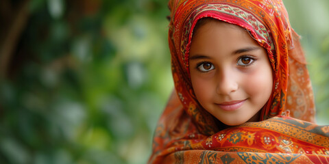 Delightful girl in vibrant headwear, her expressive eyes shine with innocence and curiosity