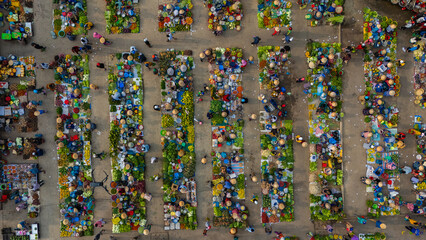 Aerial view of busy local daily life of the morning local market in Vi Thanh or Chom Hom market, Vietnam